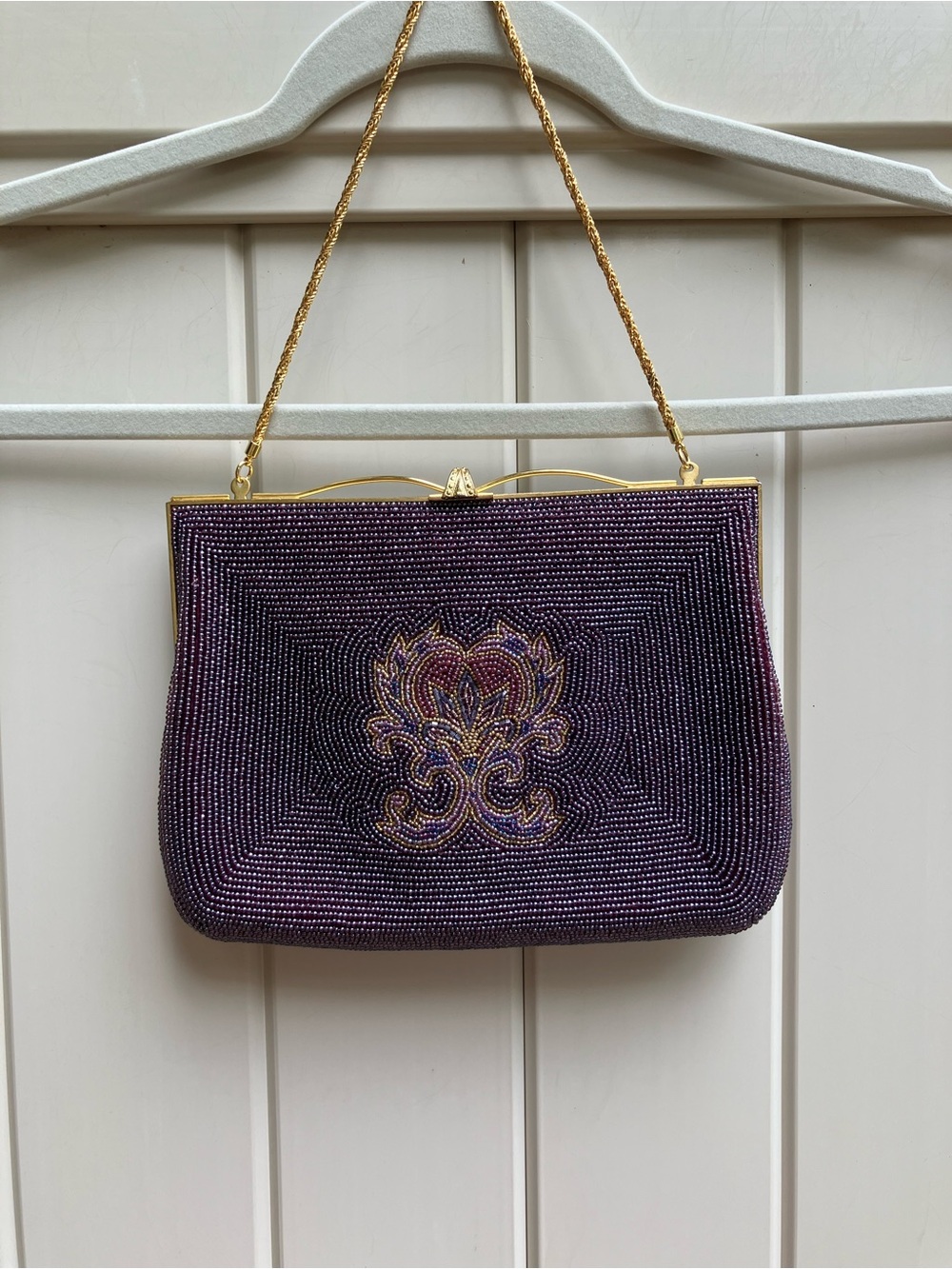 Beaded purple evening bag handbag formal gold chain clasp close vintage look - Picture 13 of 14